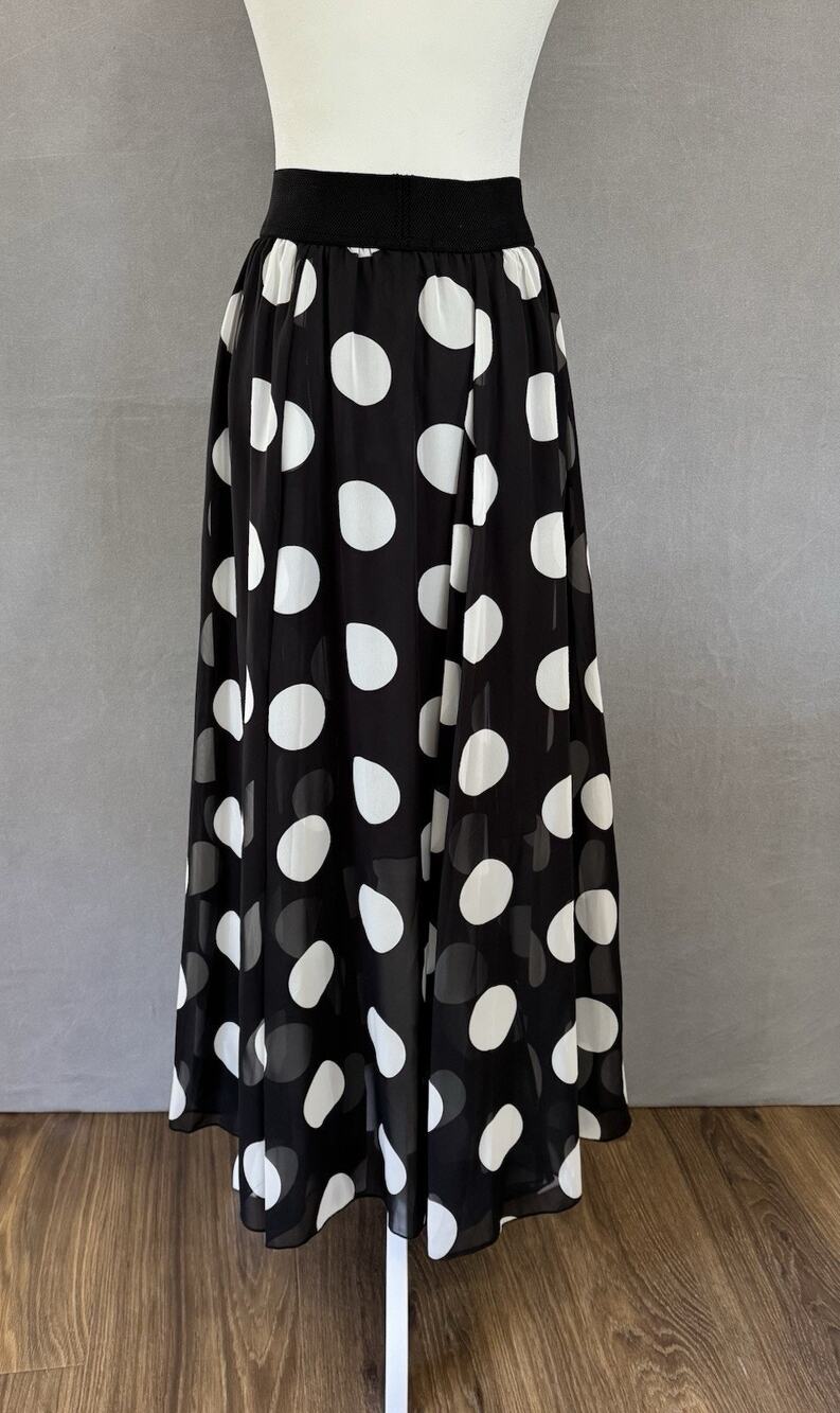 Urban CoCo Polka Dot Midi Skirt Medium Black White Sheer Overlay Elastic Waist
